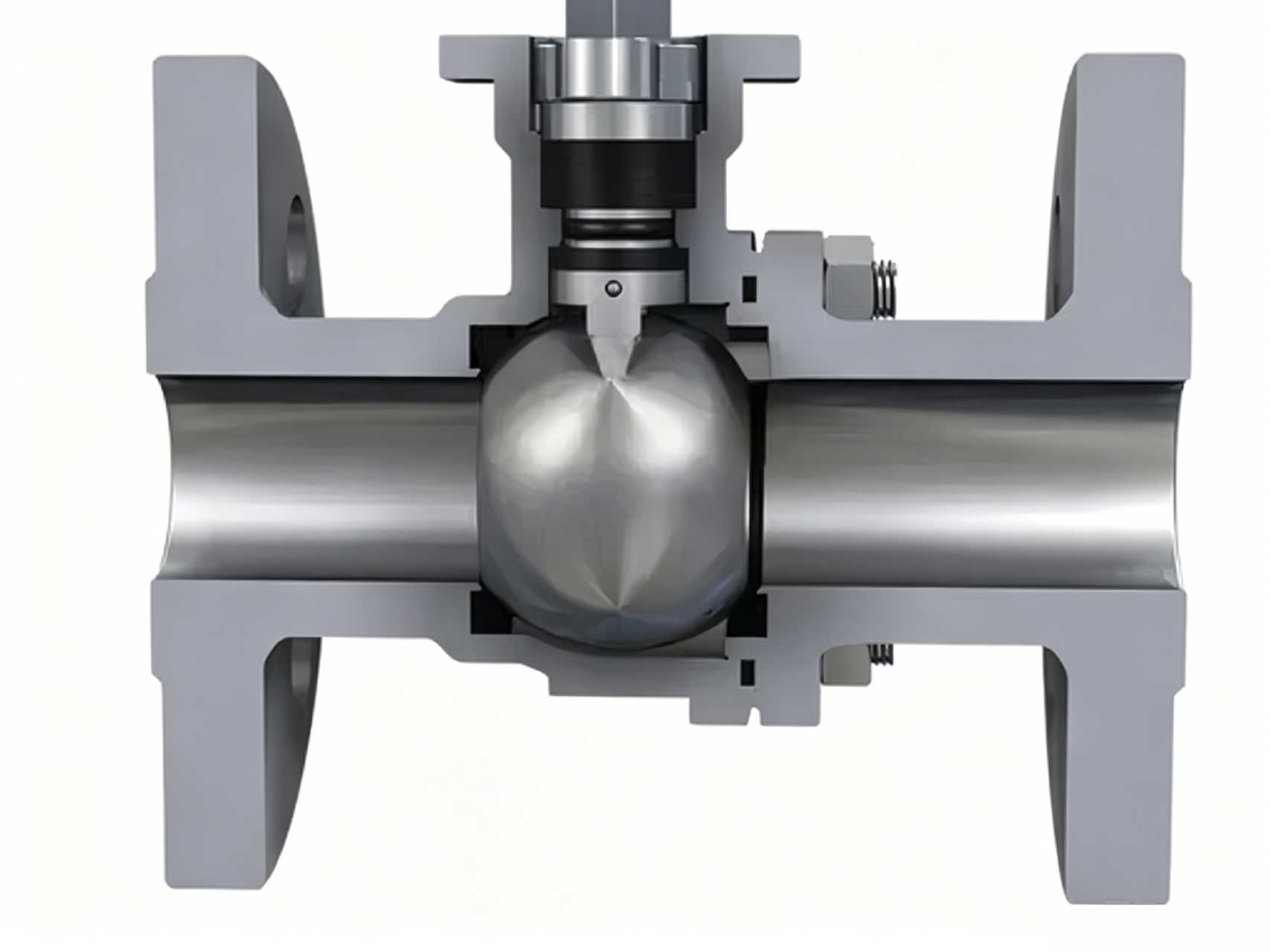 Floating ball valve cross-section diagram showing ball suspended between two seat rings