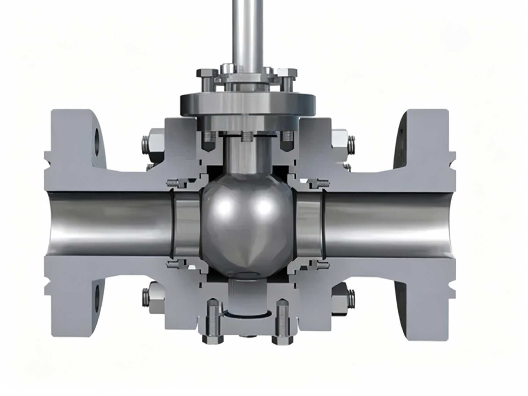 Trunnion ball valve cross-section diagram showing ball fixed by upper and lower trunnion bearings