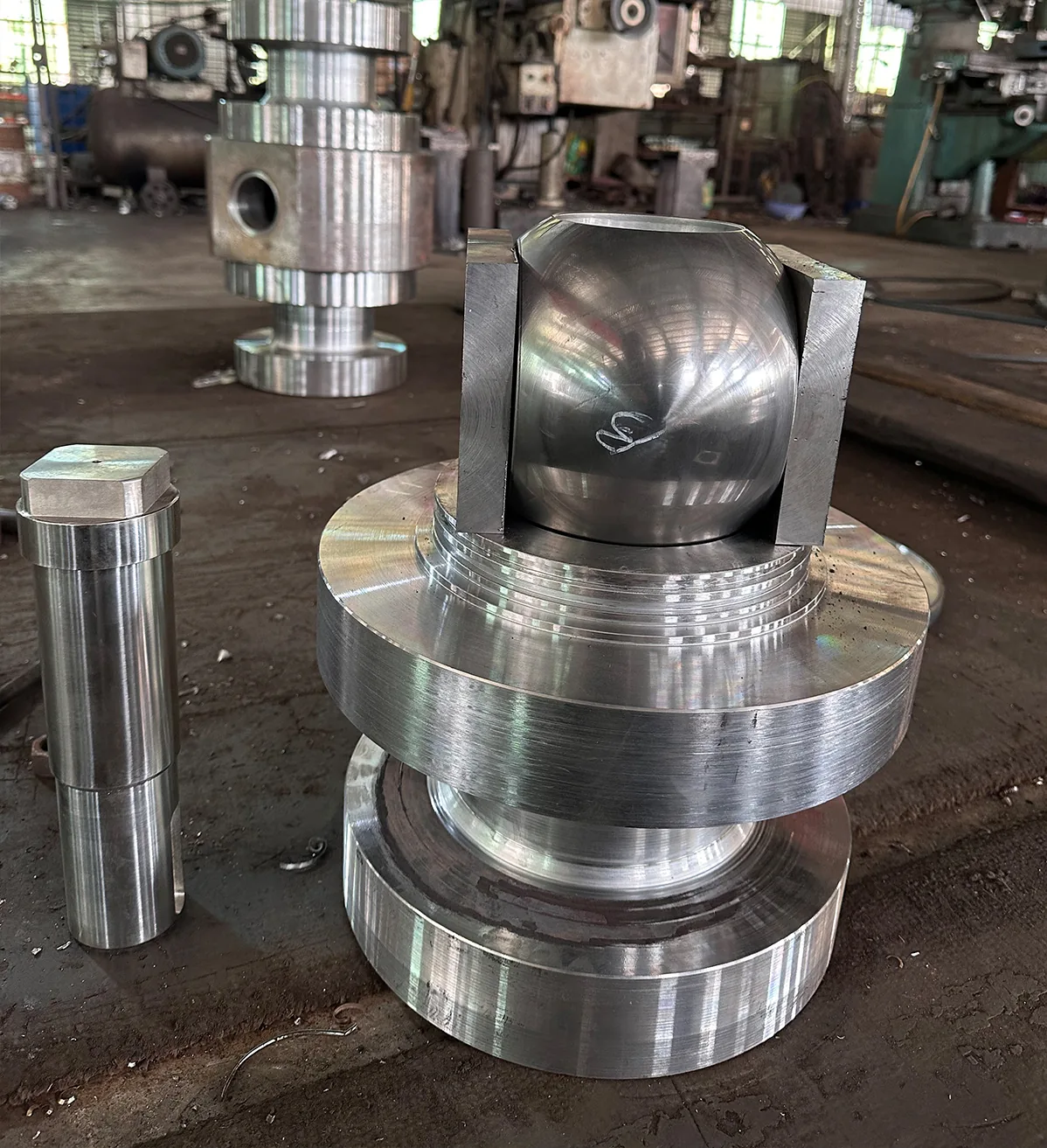 Precision-machined high-pressure ball valve components in the Vornet machining workshop
