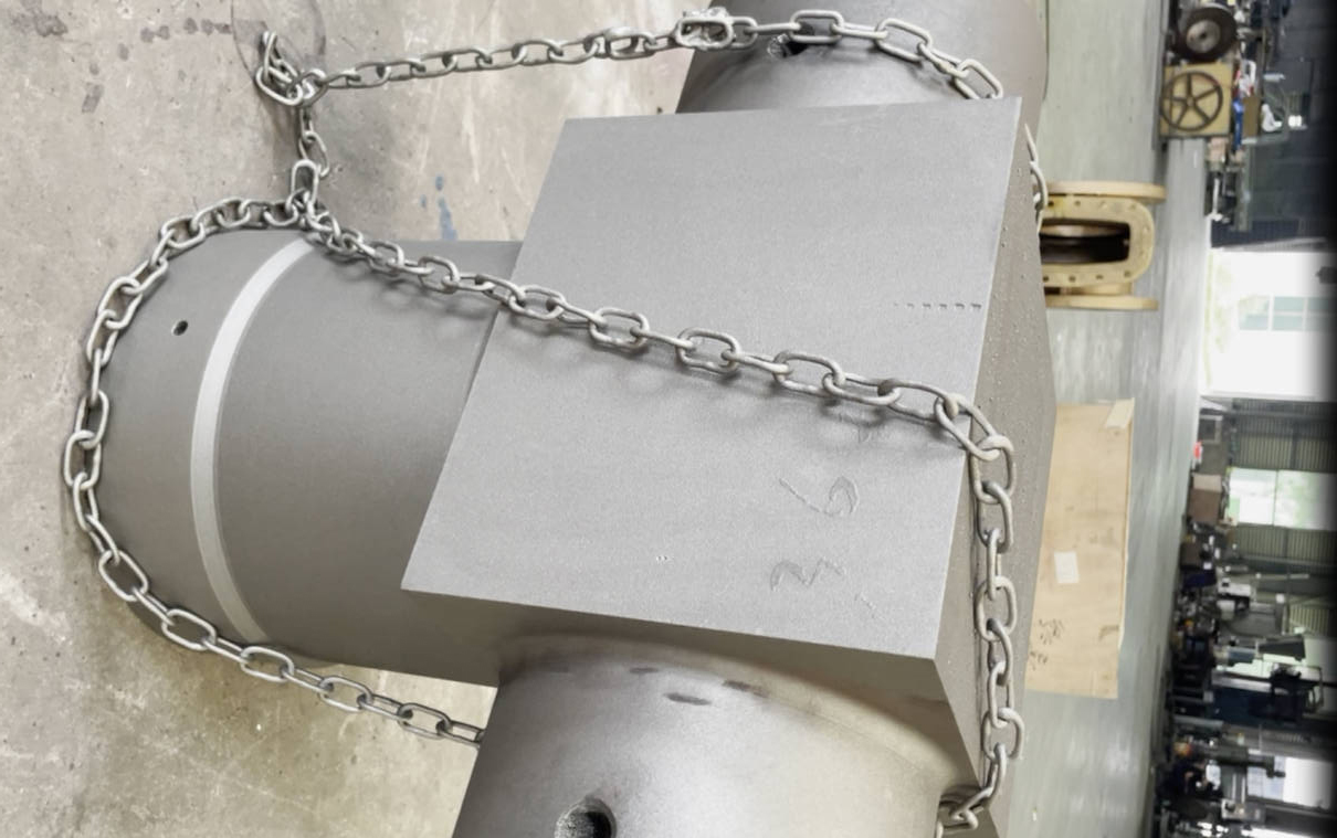 F91 gate valve body protected during workshop handling