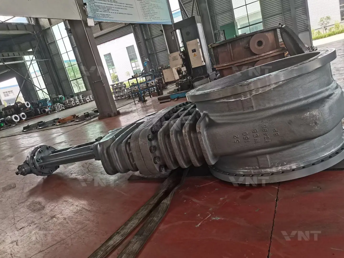 Large cast steel wedge gate valve body in workshop