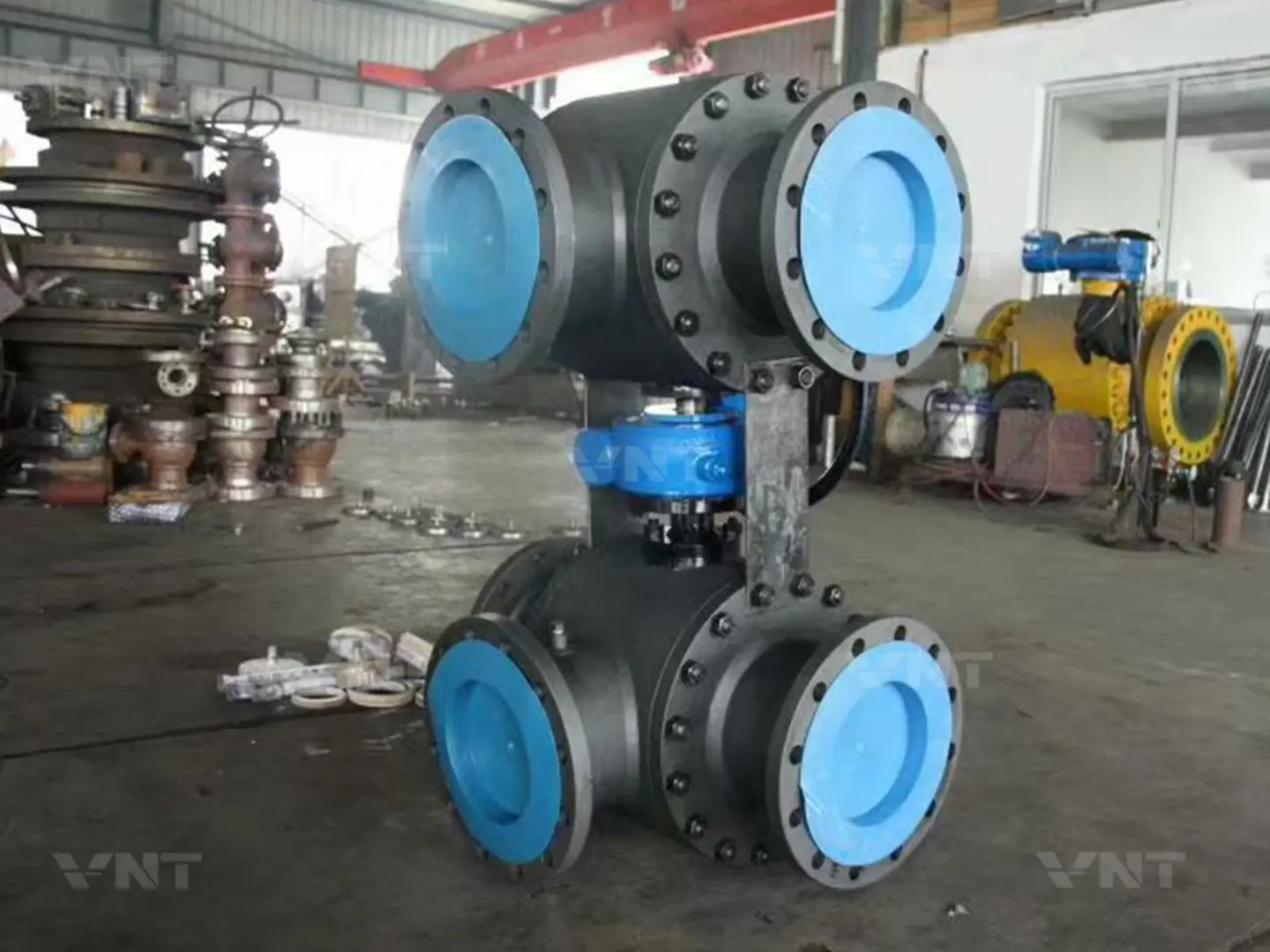 Duplex 3-way ball valve workshop front view
